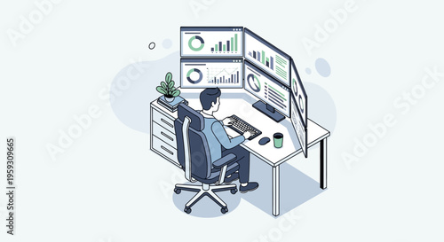 Man Working at Computer with Multiple Monitors Displaying Charts.