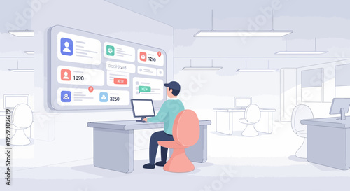 Man working at desk in front of large digital display.