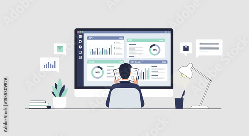 Man working on computer with financial data analysis dashboard.