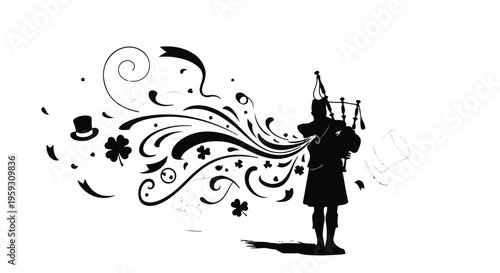Bagpiper plays lively music with swirling festive shamrocks and top hat