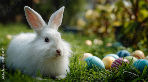 White rabbit resting peacefully among colorful Easter eggs in a vibrant garden during a sunny spring day filled with joy and playful energy