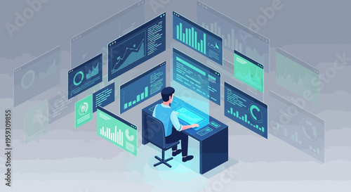 Man Working on Futuristic Computer System with Multiple Screens.