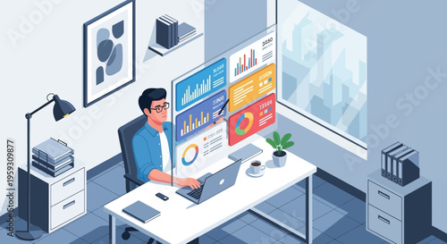 Man Working on Laptop Analyzing Data on Futuristic Screens.