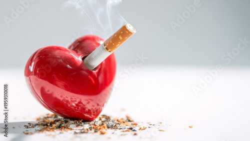 Heart made of glass with a cigarette sticking from it surrounded by scattered ash highlighting the struggle between love and addiction in a striking artistic representation