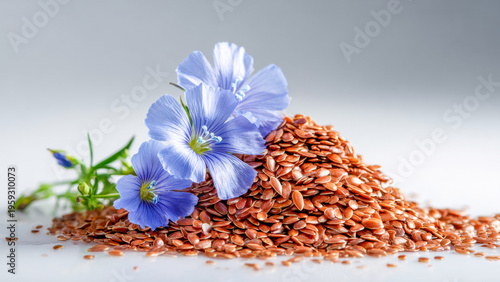 Flax seeds and delicate blue flowers create a serene picture of nature's bounty, celebrating health and beauty in harmony
