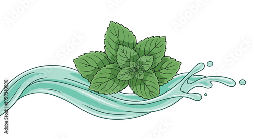 Fresh green mint leaves with a dynamic aqua blue water splash vector illustration, perfect for beverage, dental, or cosmetic product packaging and branding