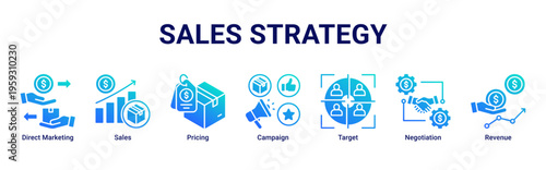 Sales Strategy web banner icon illustration featuring Direct Marketing,Sales,Pricing,Campaign,Target,Negotiation,and Revenue