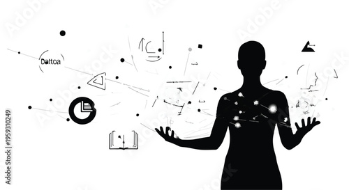 Silhouette of a person interacting with a digital network of information and ideas.