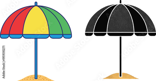 Set of beach umbrella icons with colorful segments and black textured silhouette on sand mound isolated on white background for summer vacation travel design.