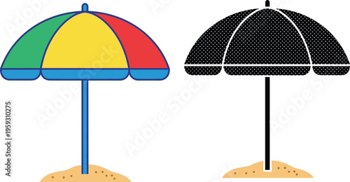 Set of beach umbrella icons in colorful flat style and black silhouette on sand isolated on white background for summer vacation and holiday design