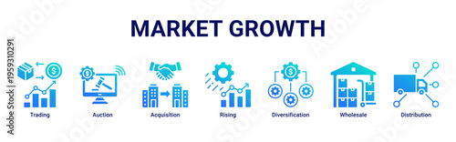 Market Growth web banner icon illustration with Trading,Auction,Acquisition,Rising,Diversification,Wholesale,and Distribution