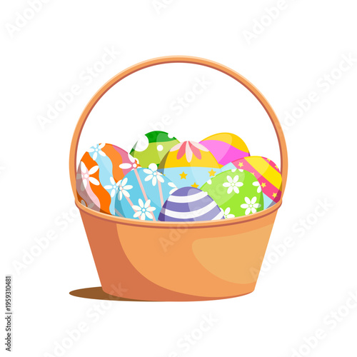 Colorful Easter eggs fill a warm toned basket