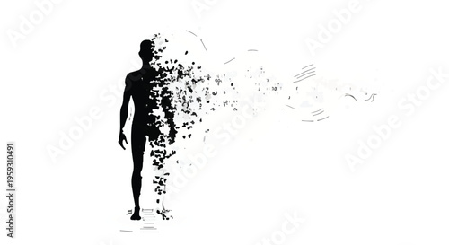 Silhouette of a person dissolving into abstract particles against a white background, symbolizing change or transformation.