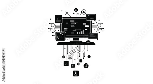 Futuristic computer system with integrated circuits and data flow visualization
