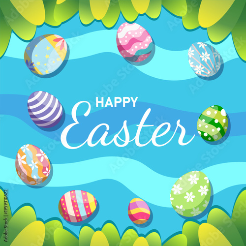 Colorful Easter eggs float in a vibrant blue stream