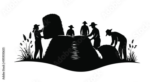 Silhouettes of people working together to move a large rock near water and reeds.