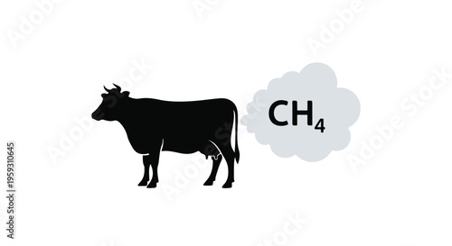Black silhouette of a cow emitting methane gas (CH4) from its rear, representing livestock greenhouse gas emissions and environmental impact vector illustration