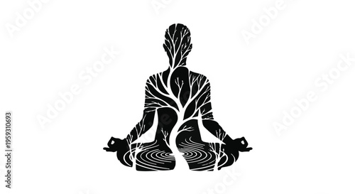 Meditating figure with tree branches growing within, symbolizing inner peace and nature connection