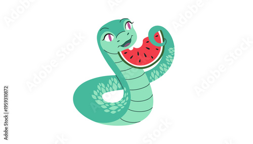 A green snake cartoon character eating a slice of watermelon happily