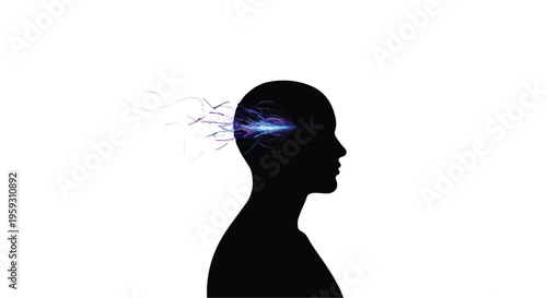 Silhouette of a human head with vibrant energy radiating from the brain, symbolizing innovation and ideas.