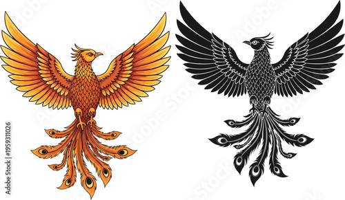 Majestic phoenix bird vector illustrations featuring a detailed fire flame design and a black silhouette variant isolated on white background for tattoos and logos.