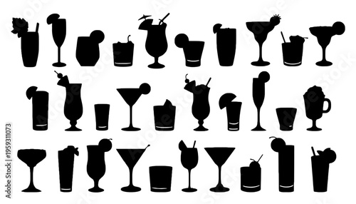 Cocktail glass vector silhouettes for bar and restaurant menu design