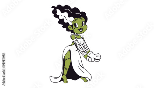A cartoon illustration of a smiling green monster woman in a white wedding dress