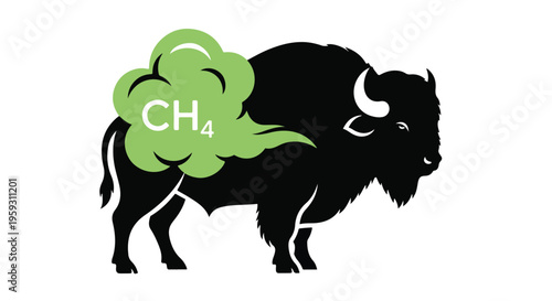 Black bison emitting green methane (CH4) gas cloud, symbolizing livestock's environmental impact and greenhouse gas emissions vector illustration