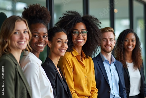 Title: United team of business professionals demonstrate inclusive leadership and diversity in the workplace.