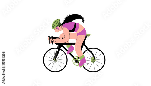 A woman in purple cycling gear riding a black bicycle quickly