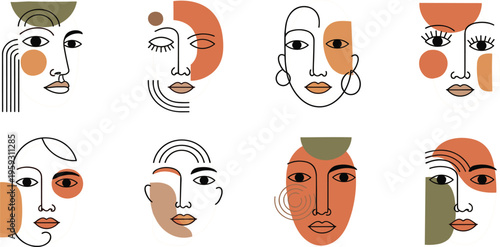 Abstract Faces in Modern Line Art Style with Geometric Shapes, Bold Colors, and Minimalist Design for Contemporary Art and Illustration