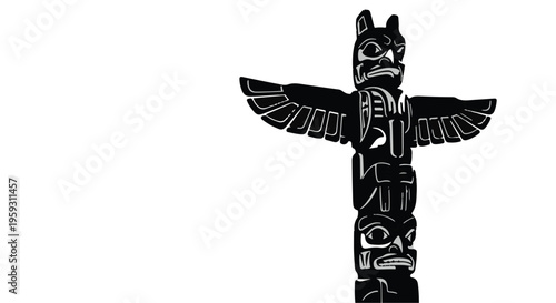 Intricate black totem pole with carved figures against a white background