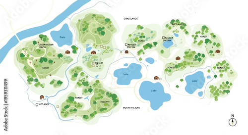 Detailed vector map of a green park with lakes, trees, rivers, and small buildings, ideal for nature-themed projects and outdoor recreation planning