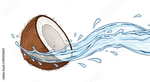 Fresh brown coconut half with white flesh and clear blue water splash vector illustration on white background, tropical fruit drink concept
