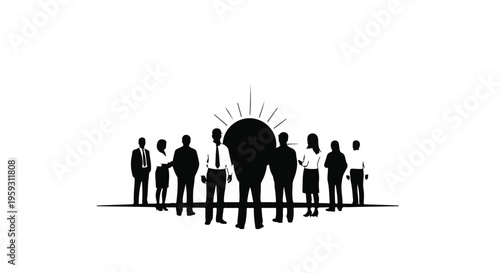 Diverse group of business professionals illuminated by a radiant lightbulb idea.