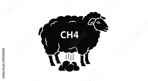 Black silhouette vector icon of a sheep emitting CH4 methane gas, representing livestock's environmental impact and greenhouse gas emissions