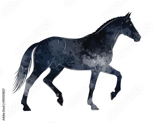 Vector of a dark gray horse with a black mane and tail trotting gracefully on a plain background