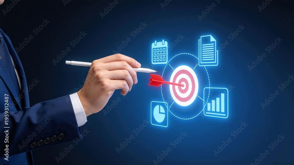Fototapeta premium Businessman hand pointing at digital target with red arrow,goal achievement strategy planning and performance analytics dashboard interface concept