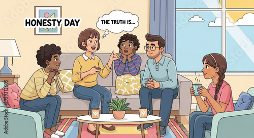 Diverse group of friends discussing honesty day in a cozy living room with a warm atmosphere