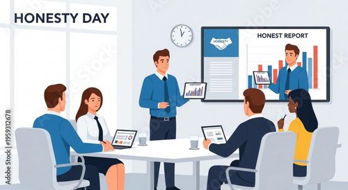 Business team discussing honest report on honesty day in a modern office setting with a screen