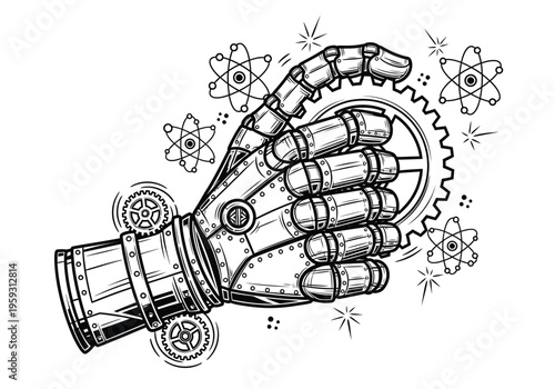 Steampunk robotic hand holding a gear, mechanical bionic arm with atoms and cogs, vintage industrial science vector illustration