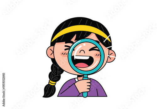 Cartoon girl looking through magnifying glass, curious child exploring with loupe, young detective character vector illustration
