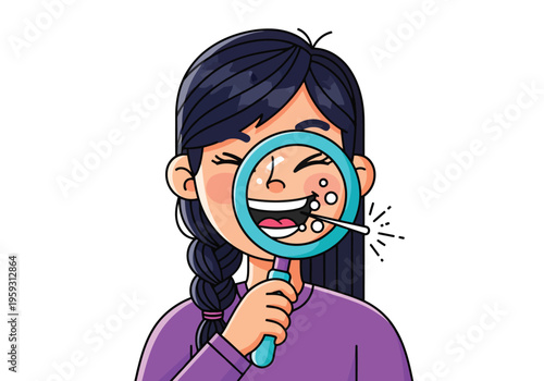 Cartoon girl with magnifying glass examining skin acne, young woman treating facial pimples with cotton swab, skincare and dermatology vector