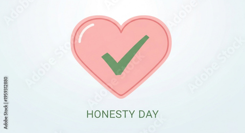Pink heart icon with green checkmark on honesty day symbolizing love and truthfulness in a simple flat design