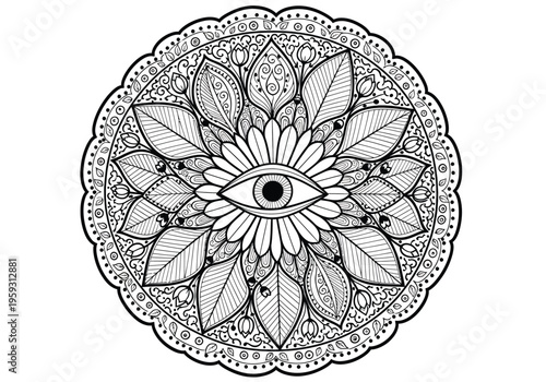 Intricate floral mandala with mystical eye, black and white botanical coloring page vector, spiritual zen circle with leaves and flowers