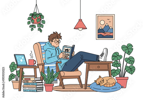 Cozy home office vector illustration, young man reading book in armchair with cat, relaxed remote work lifestyle scene with houseplants
