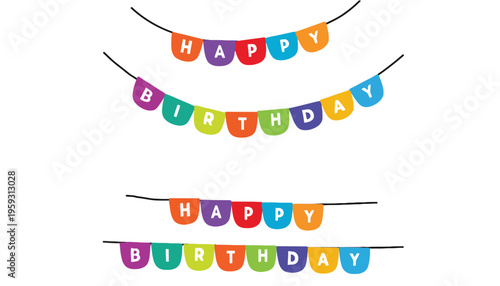 A colorful happy birthday banner illustration with multicolored flags