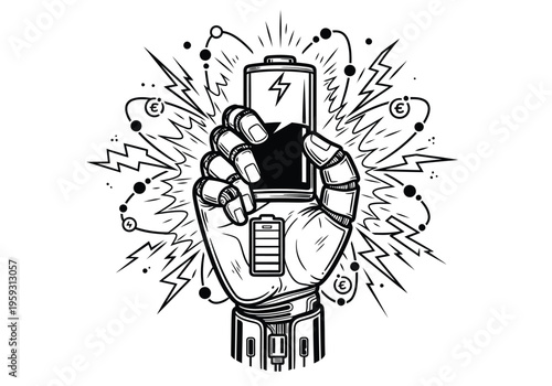 Vintage robot hand holding charged battery, mechanical cyborg arm with electric energy explosion, retro comic style power cell illustration
