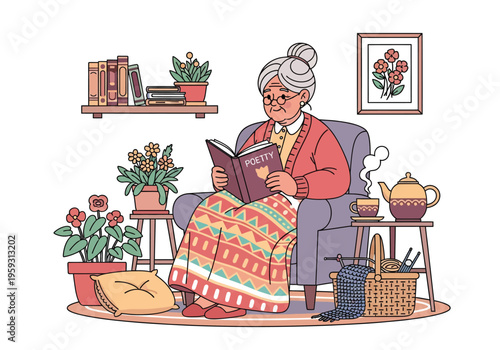 Cozy grandmother reading poetry book in armchair, senior woman relaxing at home with tea and knitting, flat vector illustration of elderly lifestyle