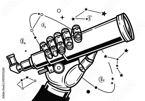 Vintage woodcut style robotic hand holding telescope, mechanical cyborg arm with astronomical spyglass, futuristic space exploration vector
